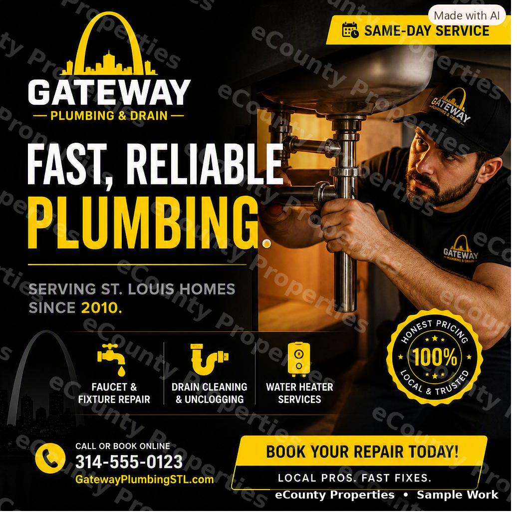 Same-day plumbing service ad sample in black and yellow branding