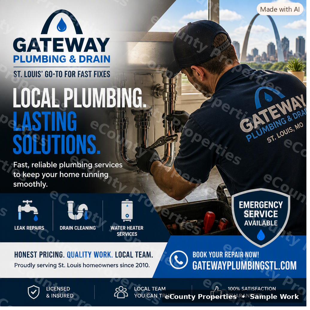 Plumbing services ad sample in blue branding with St. Louis Gateway Arch
