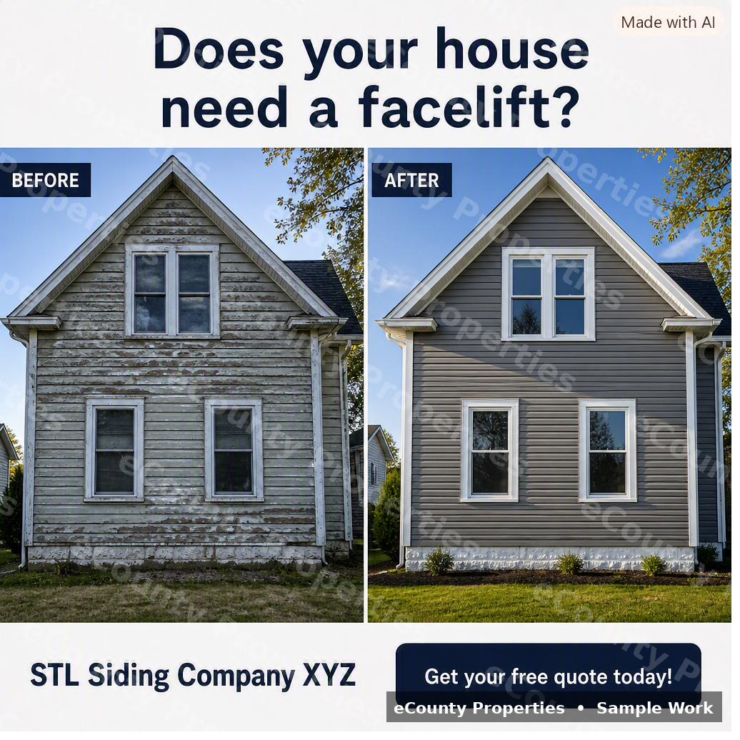 Before and after siding renovation ad sample for a St. Louis siding company